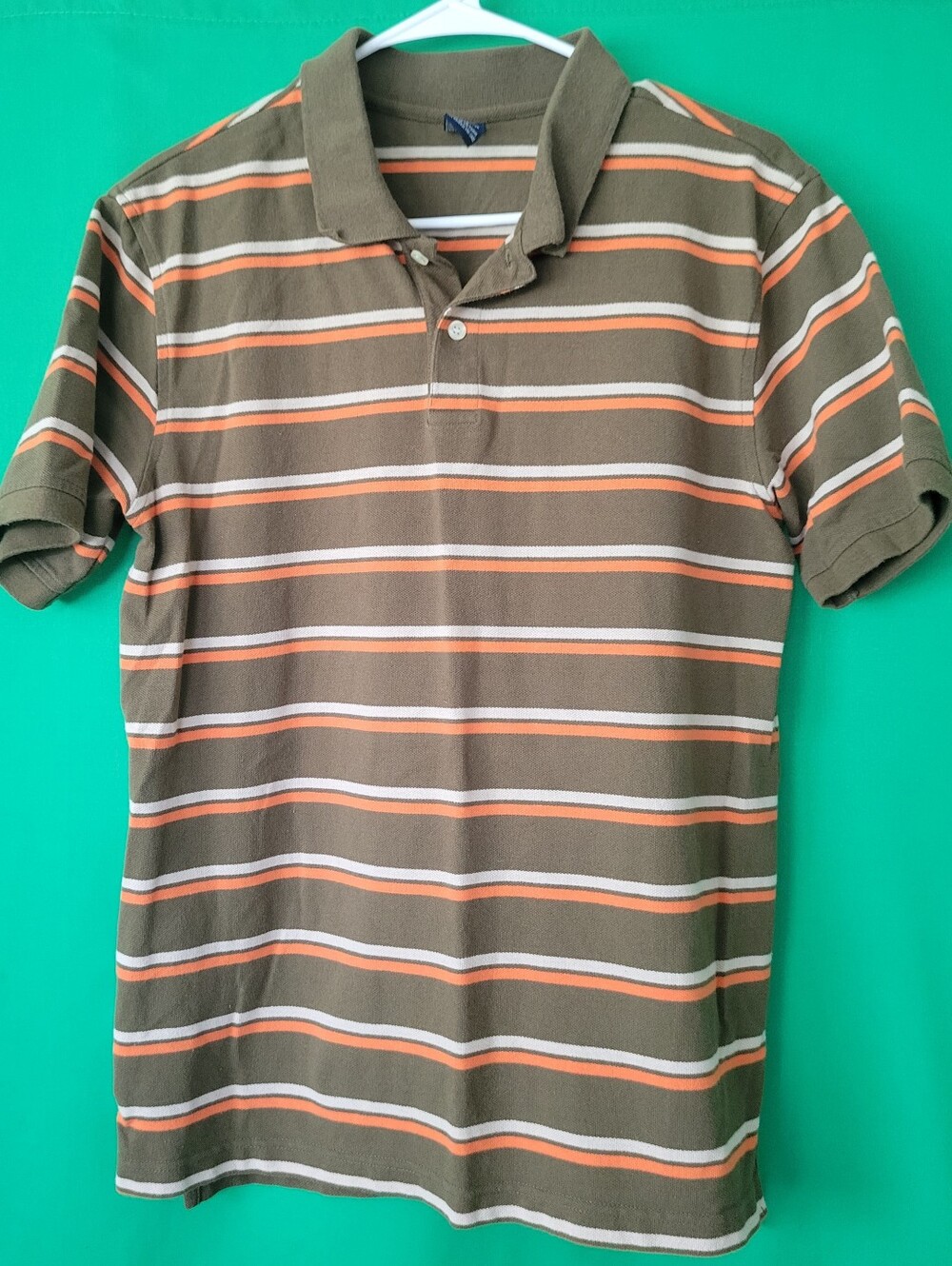 Vintage Bugle Boy Olive Polo Orange & White Stripes Collared Dress Shirt Sz Med